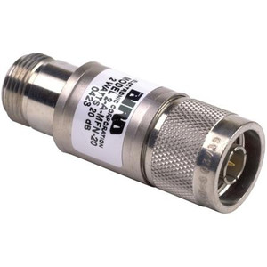 BIRD RF coaxial attenuator. 2 watts 20dB nominal attenuation. Male N to female N connectors. .