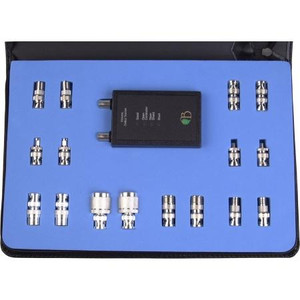 RF INDUSTRIES cable testing kit. Incl. 9 volt battery tester that indicates pass, short, open conductor or open shield. 16 adapters included.