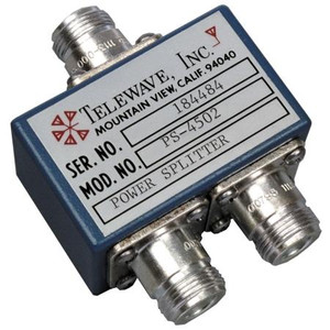 TELEWAVE 400-512 Mhz UHF 2-way power splitter. -3.2dB system loss through the splitter. Not designed for transmitter power levels. Type N female connector.