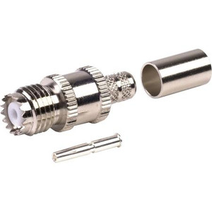 RF INDUSTRIES Mini-UHF female connector for RG8X. Nickel plated body, silver pin, 3 piece construction, crimp style. .