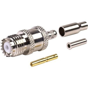 RF INDUSTRIES Mini-UHF female crimp connector for RG174 cable. Crimp on ferule and pin. Nickle body, gold pin. .