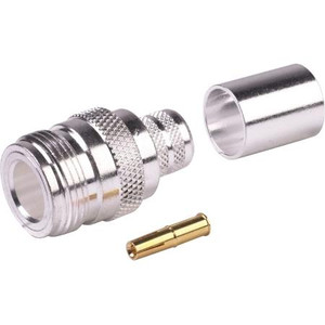 RF INDUSTRIES N female connector for plenum rated Belden 89913 cable. Silver plated body with gold center pin. Crimp center pin, crimp ferrule.