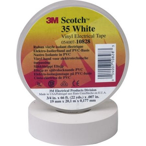 3M Scotch vinyl tape for color coding. Resists UV, use indoors or outdoors where weather protected.Flame retardant. White. 3/4" x 66'.