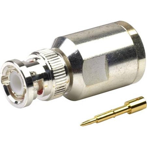 RF INDUSTRIES BNC male connector for 9913, 9914 8214, 3315, LMR400 cables. Silver plated body with gold center pin. Solder center pin, clamp on braid.