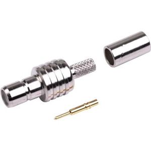 RF INDUSTRIES SMB female crimp connector for RG174 cable. Nickel plated body, gold plated center pin. Teflon dielectric. 50 ohm, 375 volt peak.