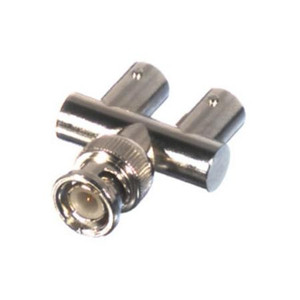 RF INDUSTRIES BNC male - double BNC female adapter. Goalpost style. Double females in-line with male at right angle at the center.