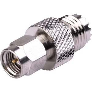 RF INDUSTRIES SMA male to Mini UHF femal straight adapter. Nickle plated body, gold plated contacts. .