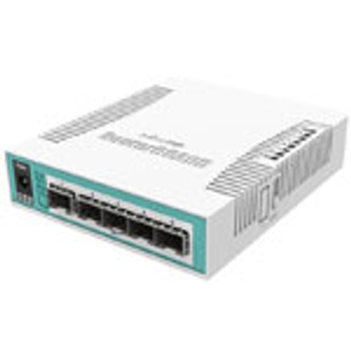 Cloud Router Switch 106-1C-5S with QCA8511 400MHz CPU, 128MB RAM, 1x Combo port (Gigabit Ethernet or SFP), 5x SFP cages, RouterOS L5, desktop case, PSU. Sale price while supplies last