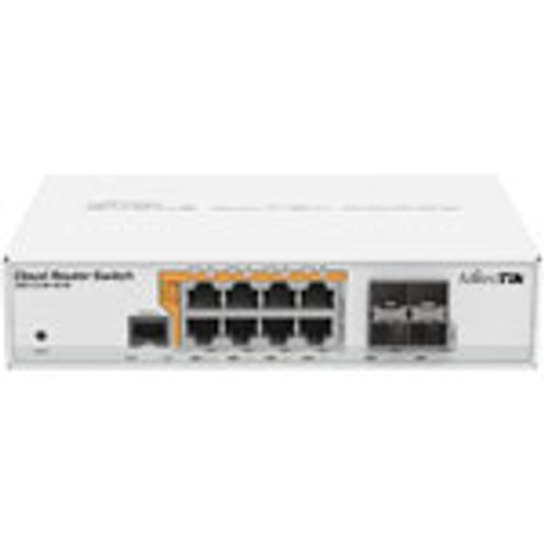 Cloud Router Switch 112-8P-4S-IN with QCA8511 400MHz CPU, 128MB RAM, 8x Gigabit LAN with PoE-Out, 4x SFP, RouterOS L5, desktop case, PSU. Sale price while supplies last
