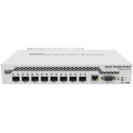 Cloud Router Switch 309-1G-8S+IN with Dual Core 800MHz CPU, 512MB RAM, 1x GLAN, 8x SFP+ cages, RouterOS L5 or SwitchOS (dual boot), passive desktop case, rackmount ears, PSU. Sale price while supplies last