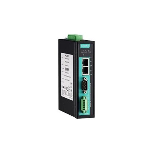 MOXA 1 port RS-232/422/485 with 2x 10/100BTX device server. 1KV Serial/LAN/ power surge protection. -40-75 C operating temperature.
