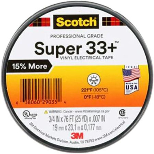 3M SCOTCH 33+ vinyl plastic electrical tape. Can be applied from 0-20 deg. F. 3/4in x 76ft. 1 roll per can. .