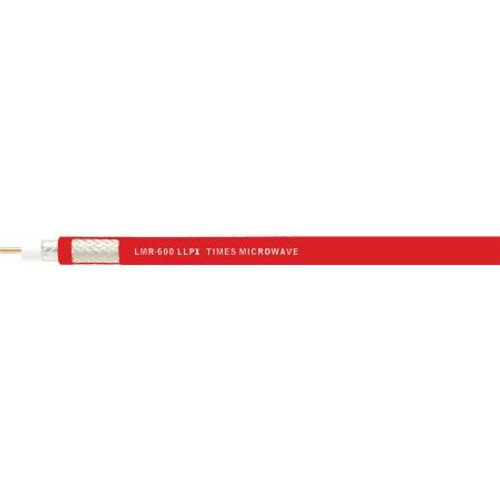 TIMES MICROWAVE LMR600 cable. .590" O.D. 50 ohms. Stranded outer cond., copper clad alum center conductor. 1.5" bend radius. CATV-P PLENUM RATED. RED.