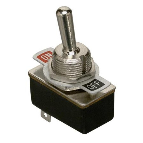 GC standard size SPST toggle switch with metal handle. 3A-125VAC. On/Off plate. Connect and solder terminal type. .500" mounting hole.