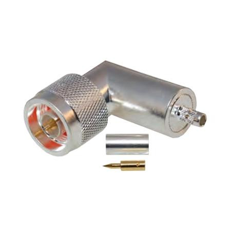 RF INDUSTRIES Right angle N male for LMR-200 cable. Silver body, gold pin. 1.30:1 VSWR, 0-11 GHz, 50 Ohm. .