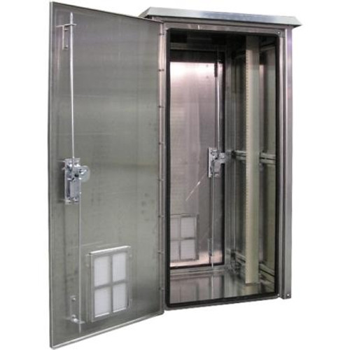 DDB UNLIMITED 62"H x 25"W x 42"D Outdoor aluminum cabinet enclosure. NEMA 250 Type 3,3R,3S,4,4X. 19" or 23" rails. Front,rear doors w/ 3pt lock. UL50 Rated