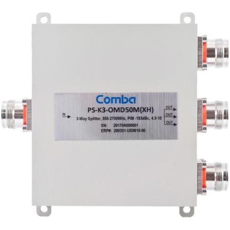 COMBA 555-2700 MHz 3 Way Wilkinson Power splitter. 50 watt. IP-65 rated for outoor use. -153dBc PIM rated. 4.3-10 female terminations.