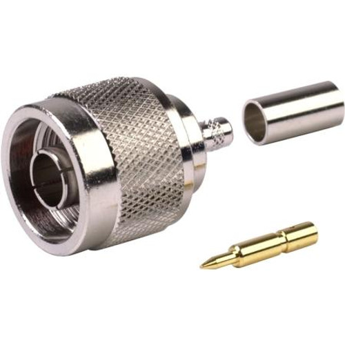 RF INDUSTRIES N male connector for RG58/U, RG58A/U, RG141 and Ultralink cable. Nickel plated body, gold pin. Crimp center pin, crimp on braid.