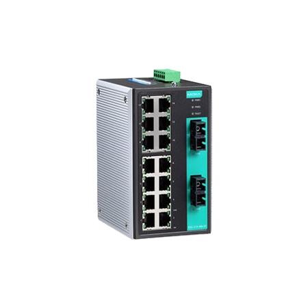 MOXA Industrial unmanaged Ethernet switch with 14x 10/100BaseT(X) & 2 MM SC Connector ports, aluminum IP30 enclosure -10-60deg C, 12-45VDC red dual input pwr
