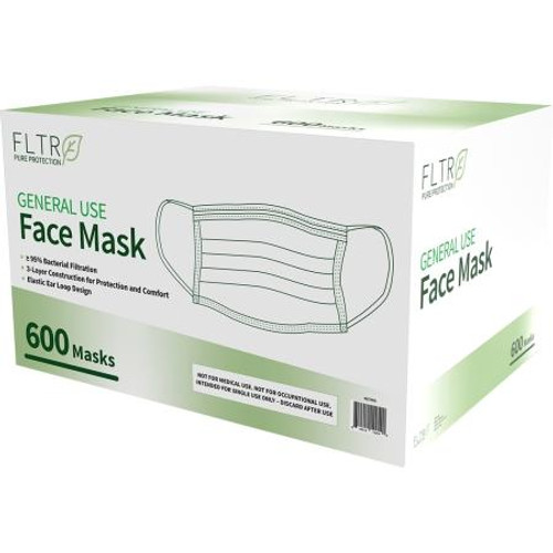 FLTR General Use Face Mask - 600 Masks Features: greater than 95% filtration of airborne particles, 3-Layer construction for protection, elastic ear loop.