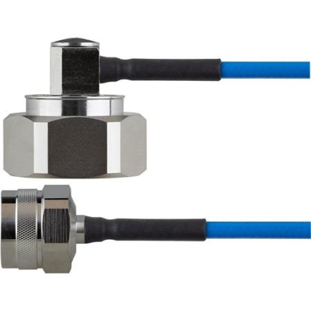 VENTEV 3 m TFT-402-LF low-PIM coaxial cable assembly with 7/16 in DIN Male Right Angle to N Male Straight. Plenum and PIM rated.
