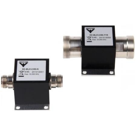 AMPHENOL PROCOM DC Block with 50 MHz to 2.5GHz Freq, Insert Loss 0.4dB Breakdown Voltage 1000 to 2000 V, Input Power (Avg) 250 W, VSWR 1.20:1, 1.30:1. 7/16DF