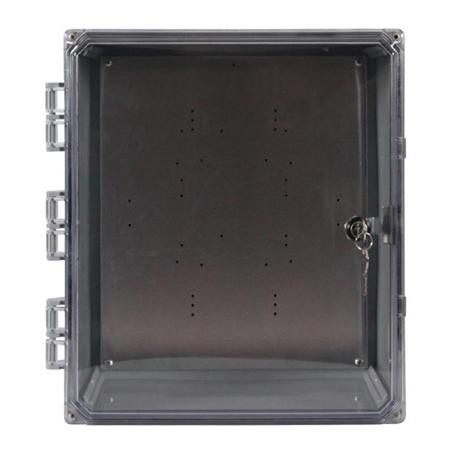 SKU V14126KC-CG-T | Ventev 14X12X6 Enclosure Incl Clear Door, Back Panel, mounting feet, cover screw, back plate screws, Key Lock, and cord grip. Includes T-Bar Mount.