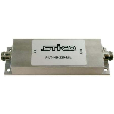 STI-CO 216-222 MHz Rugged Preselector Filter. 100 Watt input power, 6 MHz bandwidth. <-60 dB isolation. N-Female connectors. 1.2"H x 2.2"W x 7.4"L