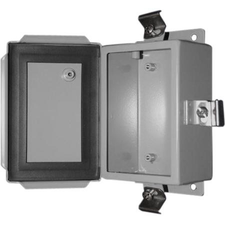 BUD INDUSTRIES 8" x 6" x 3.5" wall mounted enclosure. SN-Series NEMA 1,2,4,4X,12,&13 rated. 14 ga. Steel. Smooth gray powder coat.