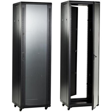BUD INDUSTRIES 19"x70" panel space Budrack Professional Series cabinet rack 40 U. Ventilated tempered front door and locking rear door. Black
