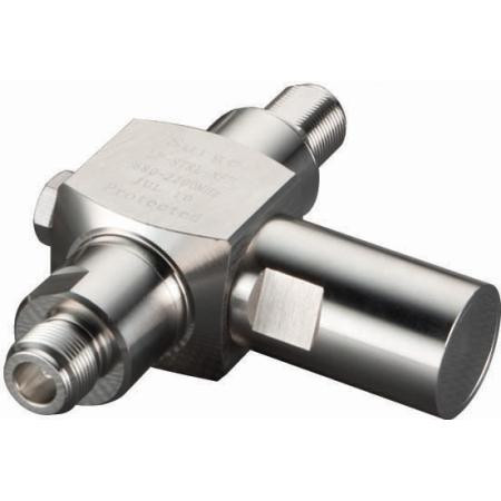 TIMES MICROWAVE .680-2.2 GHz DC Blocked Arrestor. N/F on antenna port, N/F on equipment port. Solid brass.