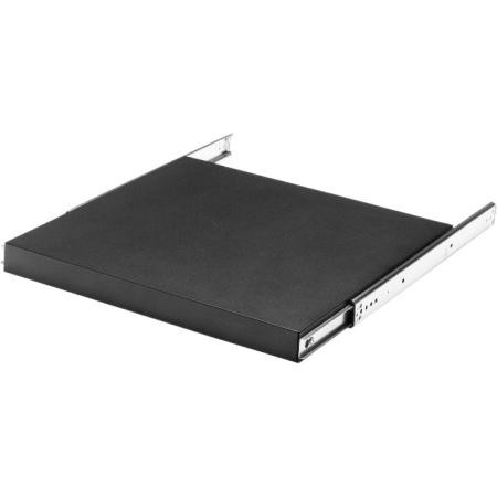 BUD INDUSTRIES Non-ventilated sliding shelf for 24" panel width cabinets. Req (2) pairs of mounting rails per rack. Smooth black finish. 17.75"D x 22"W