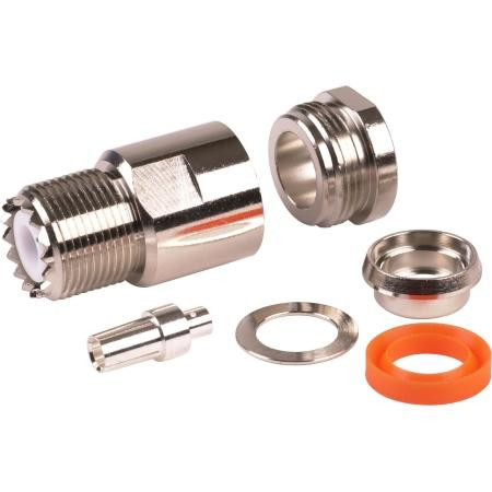 RF INDUSTRIES UHF Female connector for LMR400 or 9913. Nickle body, silver pin. clamp center pin, clamp on braid.