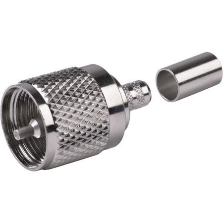 RF INDUSTRIES UHF male connector for RG8X and Times LMR-240 cables. Nickle plated body, silver plated pin. Crimp center pin, crimp on braid.