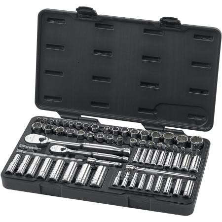 GEARWRENCH 68 piece 1/4" and 3/8" drive 6 and 12 point SAE and Metric Socket Set Incl standard and deep sockets with extensions, ratchets, and case.