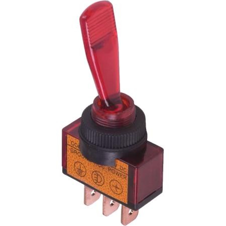 HAINES PRODUCTS lighted toggle switch. RED. 16A-12VDC, Requires a 1/2" mounting hole. .250 disconnect tabs single pole, single throw.