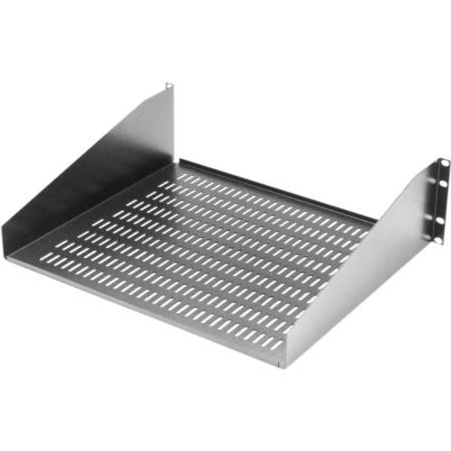 BUD INDUSTRIES Ventilated shelf for 19" rack. Made of 16 gauge steel and are flanged for added support. 20" deep. Metallic gray finish.