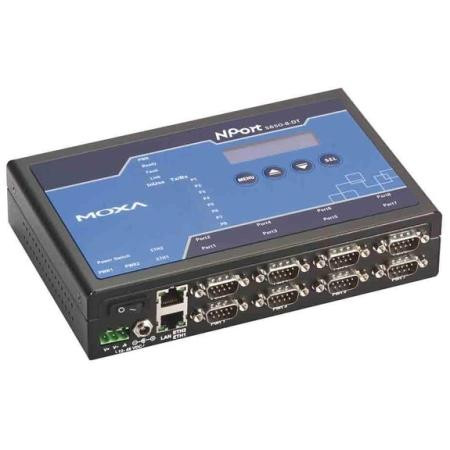 MOXA 8 port RS-232 with 10/100BT RJ45 port device server. 15KV serial surge protection, 12-48VDC input voltage.