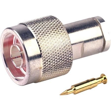 RF INDUSTRIES N male connector for Proflex and Times AA3096. Silver body, gold pin. Solder center pin, clamp-on braid.