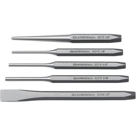 GEARWRENCH 5 piece punch and chisel set includes 3/8" x 5" center punch, 1/8"x5"x5/16" pin, 5/32x5-1/4x5/16 pin, 3/16x5-1/2x5/16 pin, 1/2x6x3/8" cold