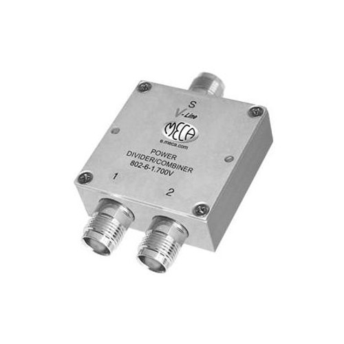 MECA 700-2700 MHz two-way power divider. 40 watts. 1.10 typical VSWR. 22dB min. isolation between ports. TNC-female connectors. RoHS compliant.