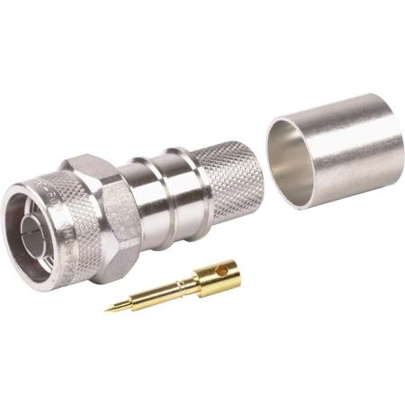 TIMES N male connector for LMR-600-75 cable. Gold solder pin. NOT for 50 ohm cable. Hex coupling nut. Crimp on braid. *Mates with 50 ohm N Female connetors*