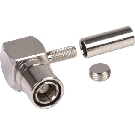 RF INDUSTRIES SMB Male Right Angle Crimp Connector for RG174 Cable. Nickel plated body, gold plated pin, teflon dielectric.