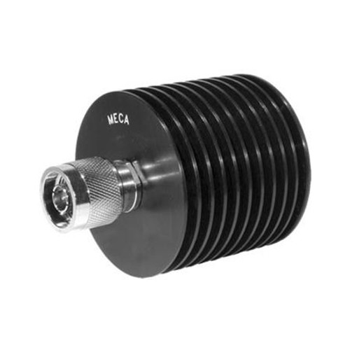 MECA RF coaxial attenuator. DC to 4 GHz. 50 watt, 20dB nominal attenuation. N male/ N female connectors.