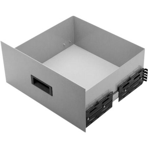 BUD INDUSTRIES Adjustable sliding drawer for 19" cabinets. Metallic gray finish 16.56" x 6.31" x 19.18". Requires (2) pairs of panel mounting rails per rack.