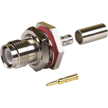 RFI reverse gender TNC female bulkhead connector for RG58, 141 & LMR-195 cables. Crimp style. Nickel plated body, gold center pin.