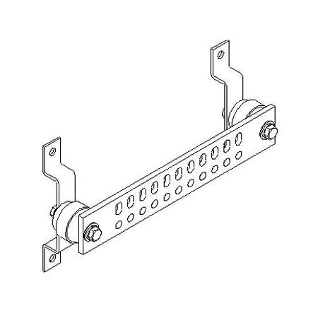 HARGER 1/4" thick x 2" wide x 6" long ground bar w/ insulators and angle brackets. 6 pre-drilled 7/16" holes, 2 pairs spaced 3/4" on center.