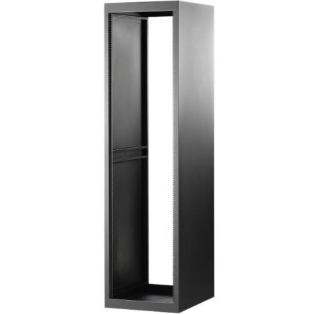 BUD INDUSTRIES ValuRack cabinet rack. 61.25"x19" panel space, EIA-310, vented top, doors not included, measures 66.56"x22.00"x26.00". Black finish.
