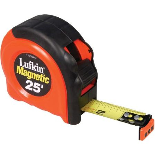 LUFKIN 1"x 25' Locking Power Tape Non-slip co-molded rubber grip & durable ABS case; Non-slip rubber blade lock. Powerful dual magnet; HI-VIZ ORANGE