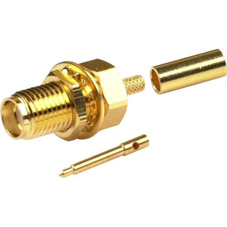 RF INDUSTRIES SMA female REVERSE POLARITY connector for RG174/U, RG316/U typecables. Gold plated body, gold plated pin. Crimp.